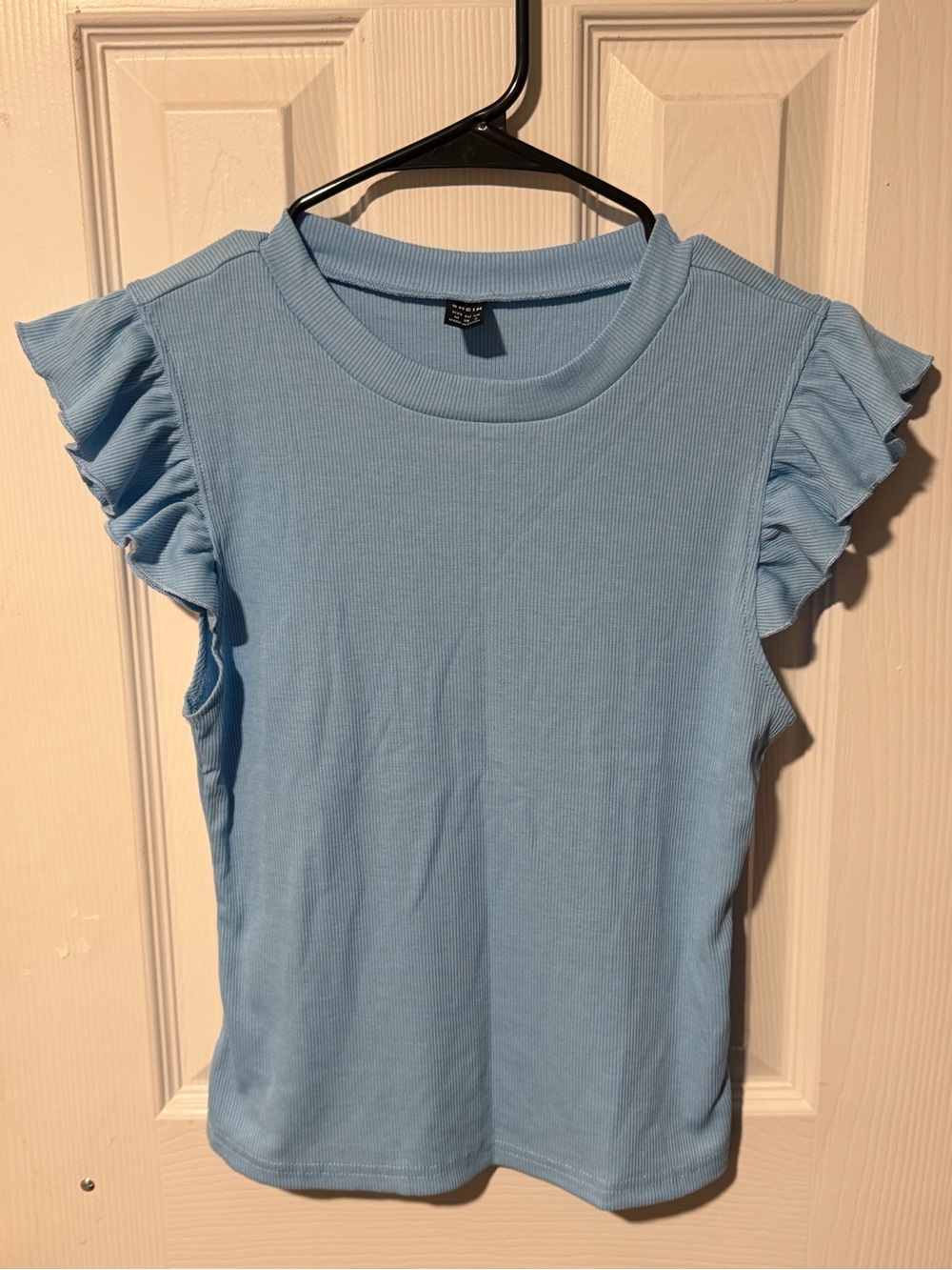 Ruffled Sleeve Light Blue Ribbed Tank Top